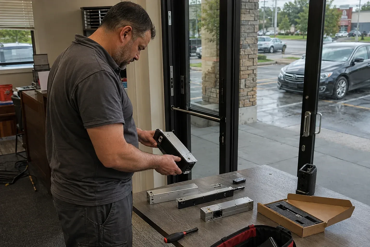 Person holding a rectangular door-hardware housing at a table with additional metal assemblies beside a glass entrance. — Access Control Installation, Niagara Falls