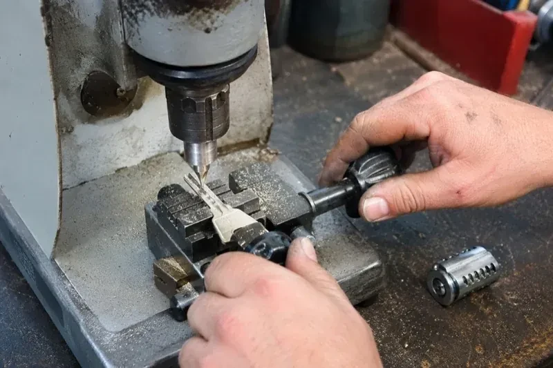 Hands operating a bench-mounted machine with a key clamped beneath a vertical cutter and a loose lock cylinder nearby. — Car Key Replacement, Niagara Falls