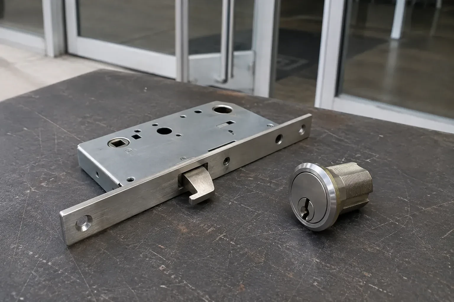 Detached mortise lock body with a projecting hook-shaped bolt beside a threaded cylinder. — Commercial-Grade Lock Replacement, Niagara Falls