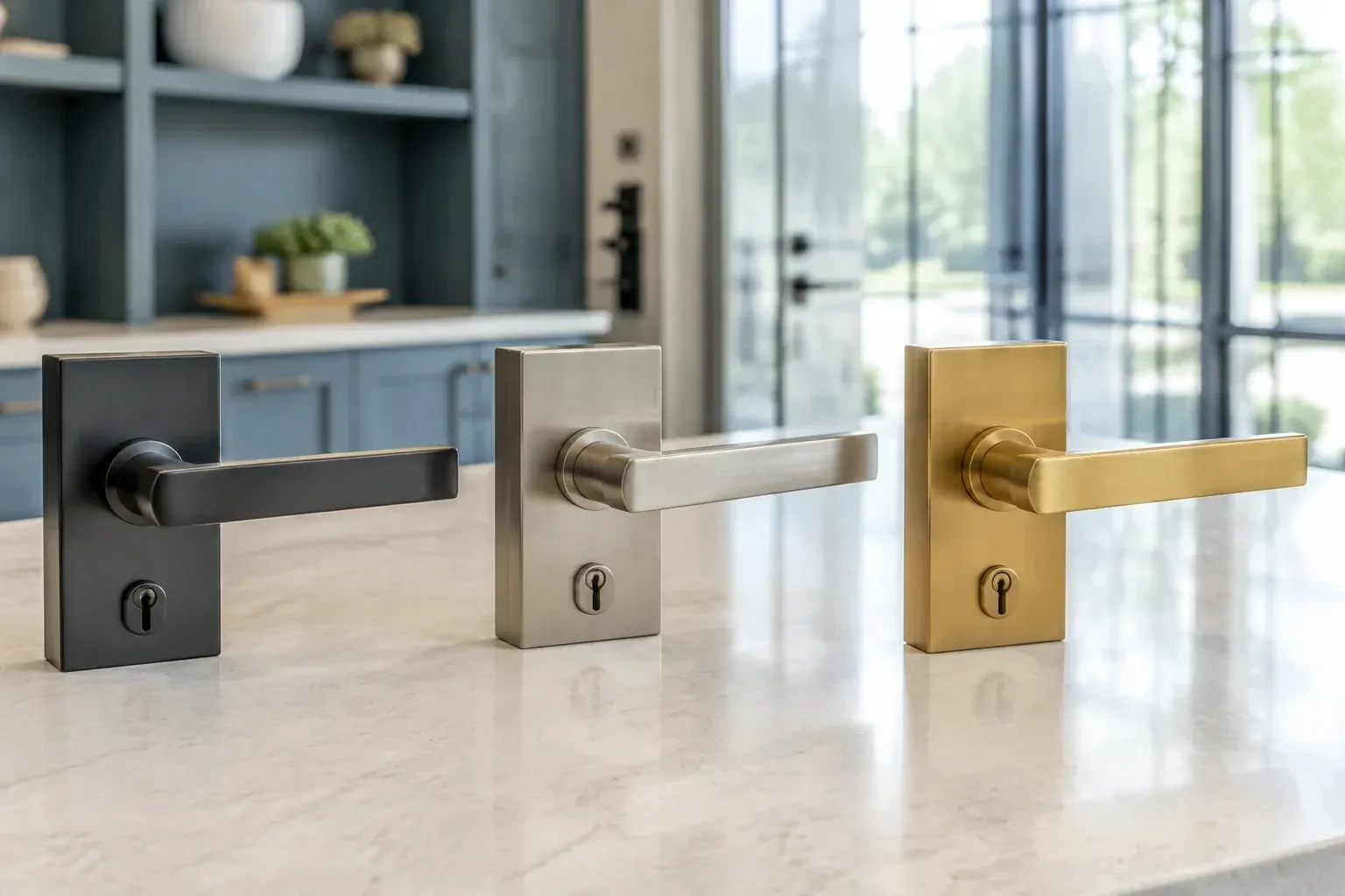 Three rectangular door-handle sets with keyholes in black, silver-colored and gold-colored finishes standing on a countertop. — Commercial Rekeying, Niagara Falls