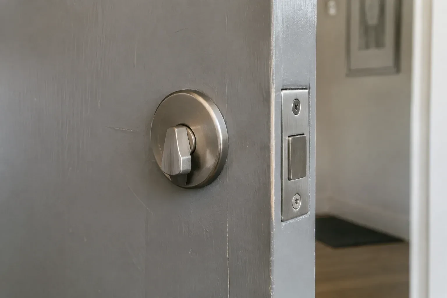 Close view of a satin-nickel deadbolt thumbturn and edge faceplate on a painted timber door. — Deadbolt Installation, Niagara Falls