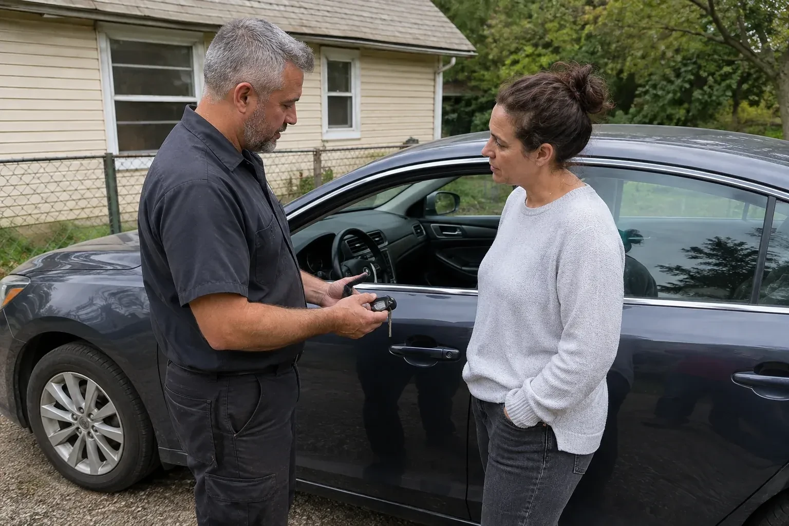 Two people standing beside a car with its window lowered, one holding a key and black key fob. — Ignition Lock Repair, Niagara Falls