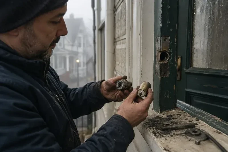 Person holding two lock cylinders beside an open painted door, with loose hardware and debris on the sill. — Seized & Jammed Lock Opening, Niagara Falls