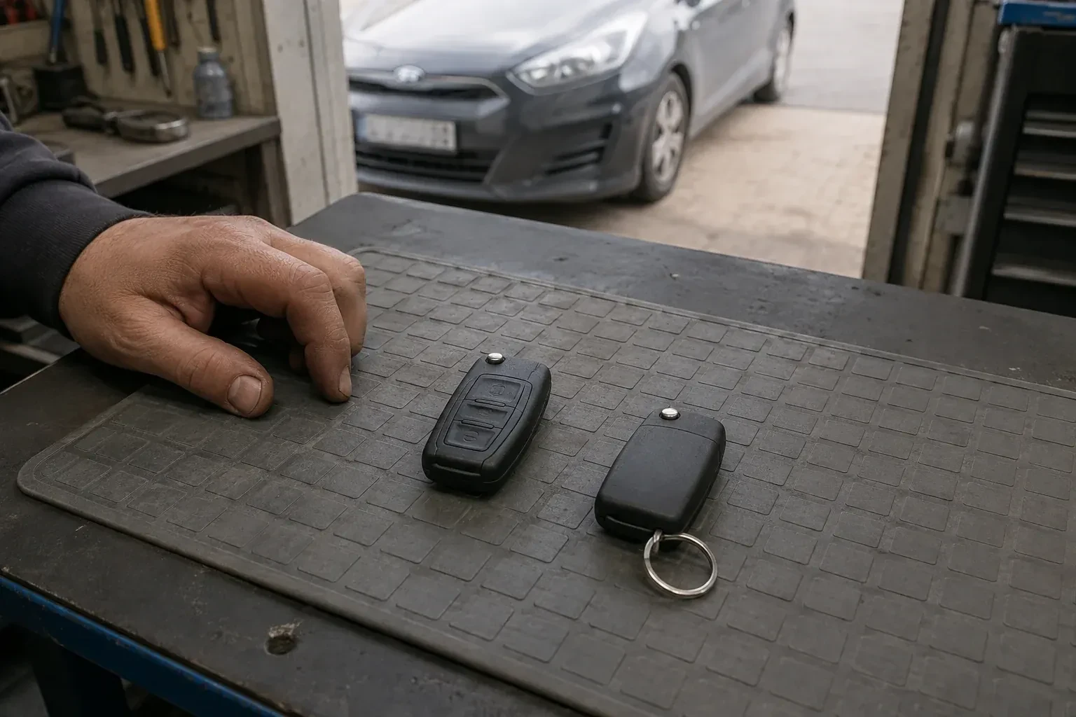 Two vehicle remote fobs on a work mat beside a technician’s hand, with a parked car beyond. — Key Fob Programming, Niagara Falls