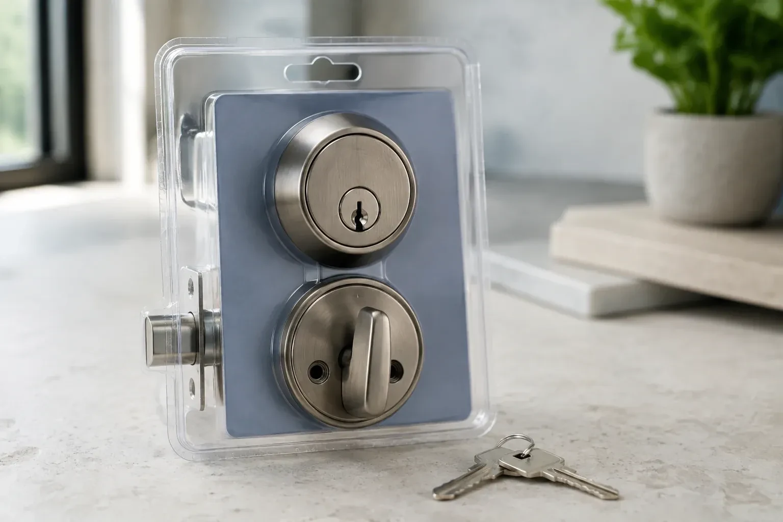 A silver-colored deadbolt set in clear packaging with two keys resting on the countertop in front. — Lock Rekeying, Niagara Falls