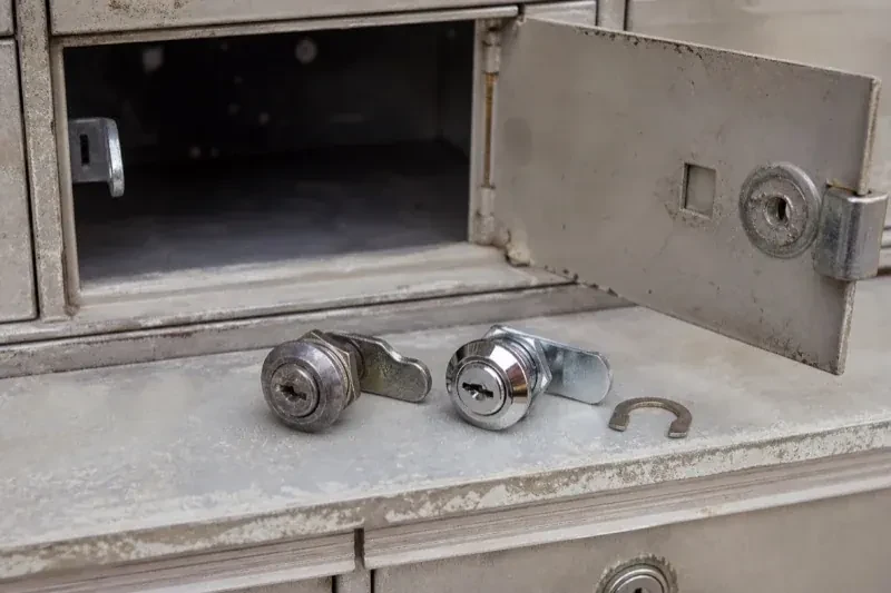 Two loose cam locks and a retaining clip resting below an open metal mailbox compartment. — Mailbox Lock Replacement, Niagara Falls