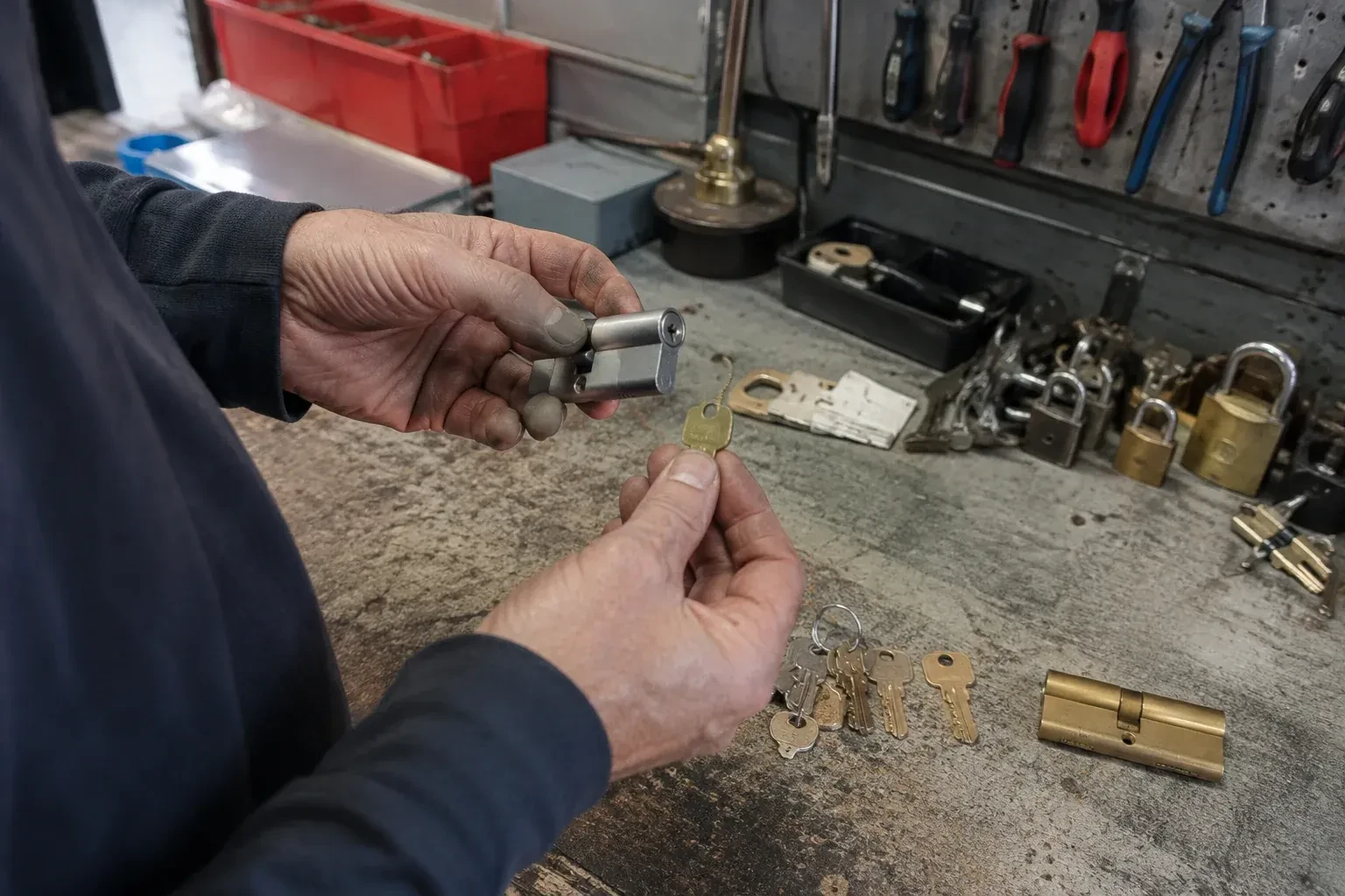 Hands holding a silver-colored lock cylinder and a brass-colored key above a workbench with padlocks, keys and tools. — Master Key System Design, Niagara Falls