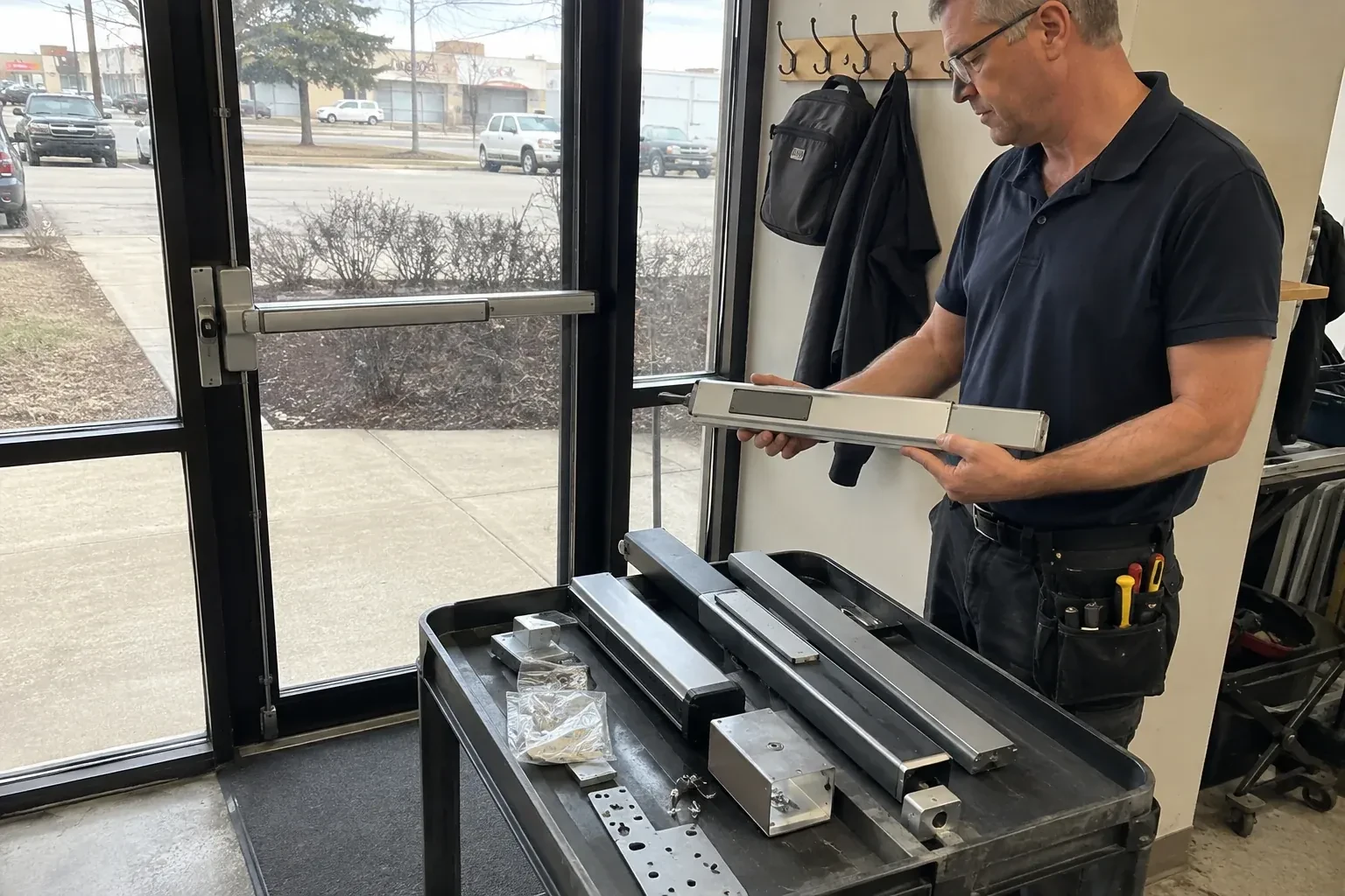Person holding a long metal door-hardware assembly beside a cart of similar parts and a glass door fitted with a push bar. — Panic & Exit Hardware, Niagara Falls
