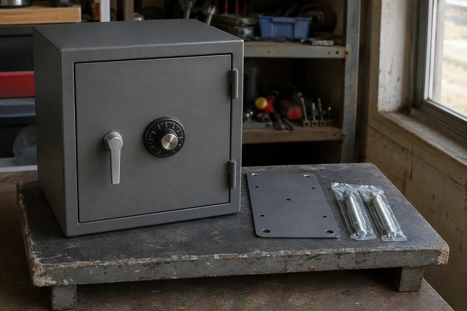 Closed small safe beside a metal plate and packaged fasteners on a workshop bench. — Safe Installation & Servicing, Niagara Falls