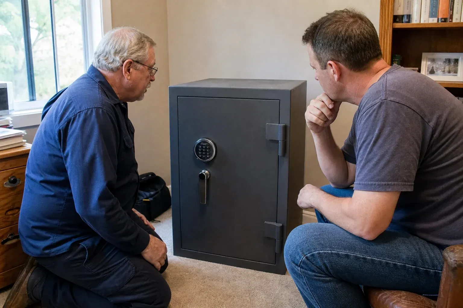 Two adults discussing a closed keypad safe in a home study. — Safe Opening & Combination Change, Niagara Falls