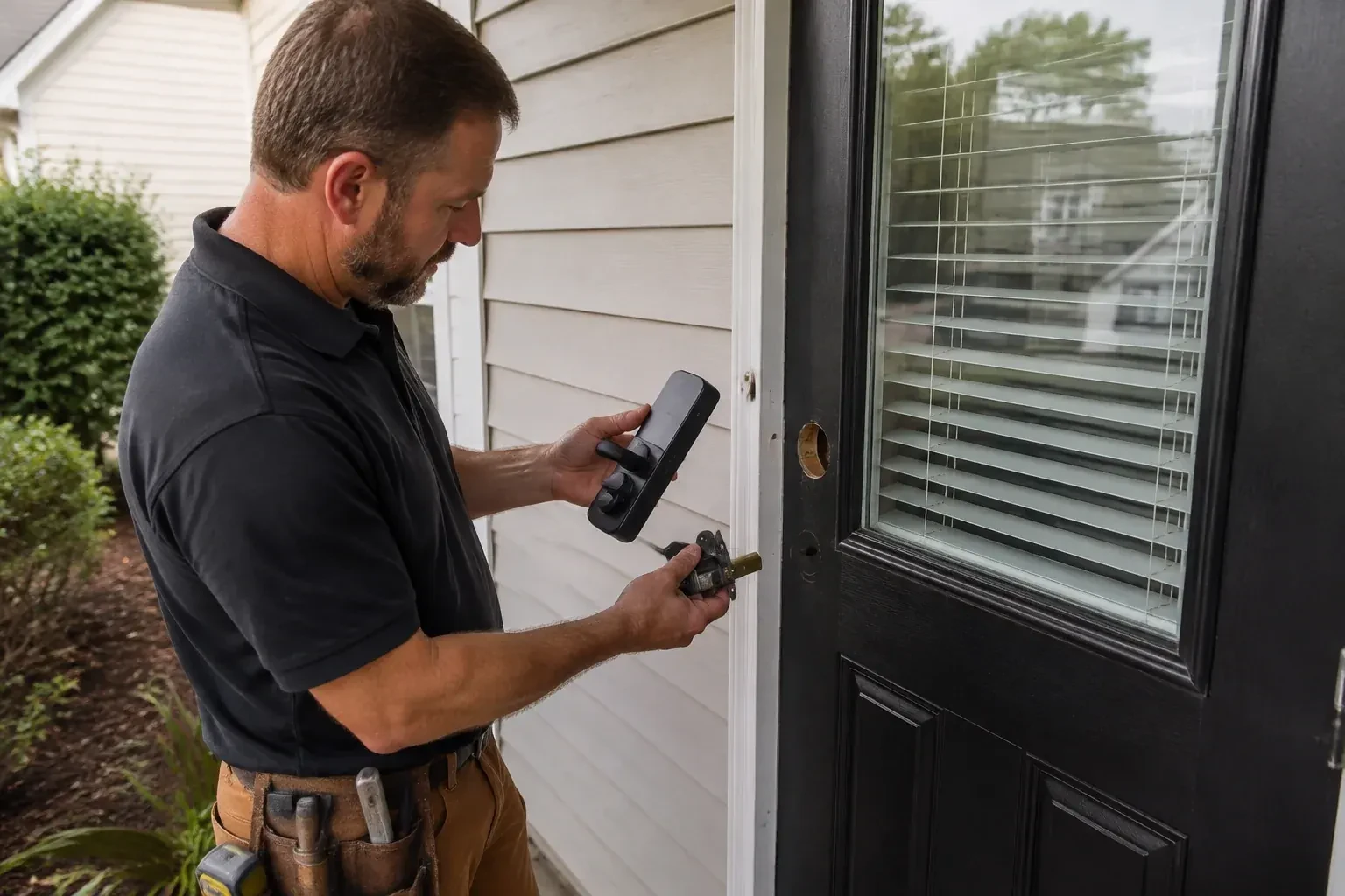 Person holding a black door-handle assembly and a latch beside a glazed door with exposed lock openings. — Smart Lock Installation, Niagara Falls
