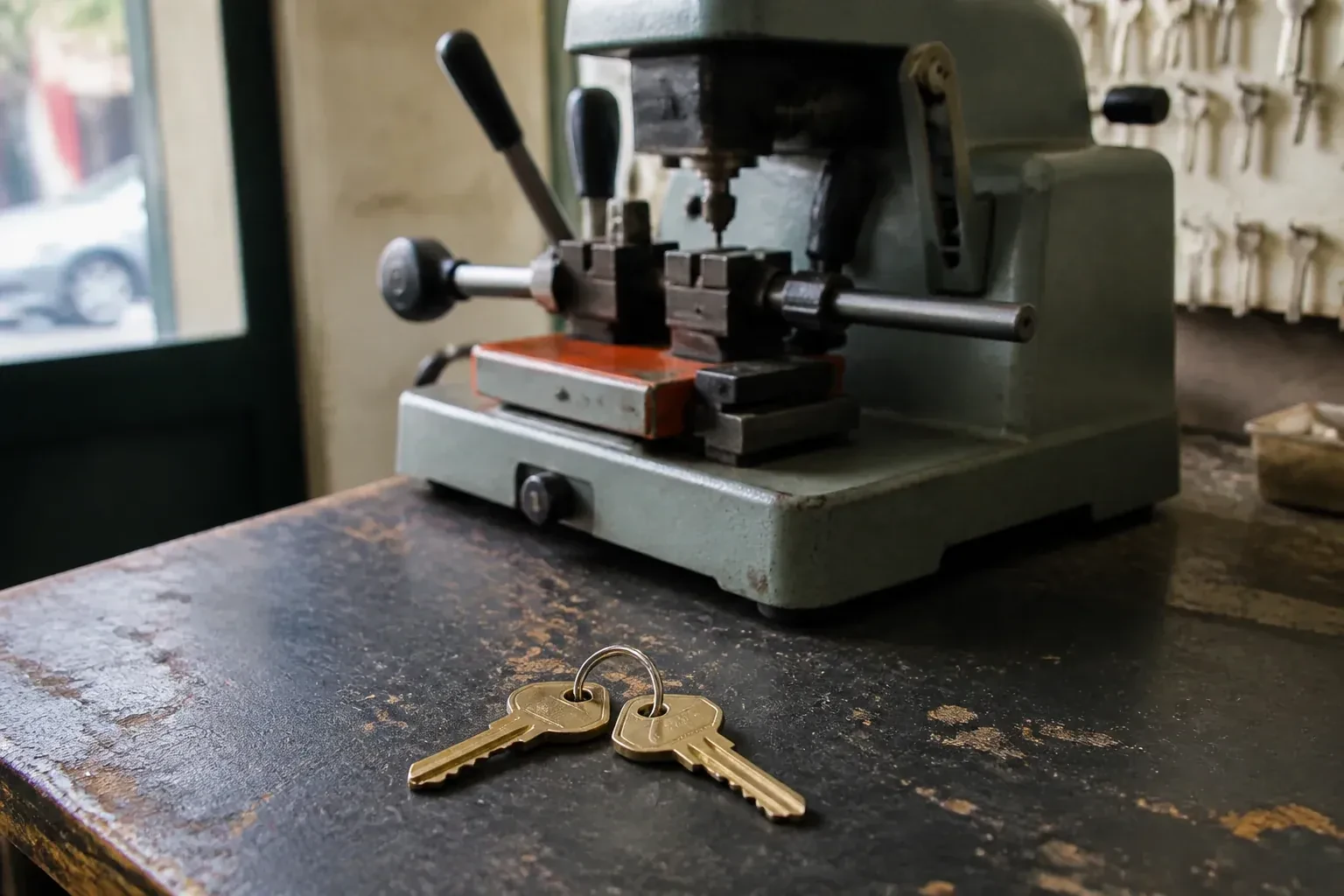 Two brass house keys on a ring resting on a workshop counter. — Spare Car Key Duplication, Niagara Falls