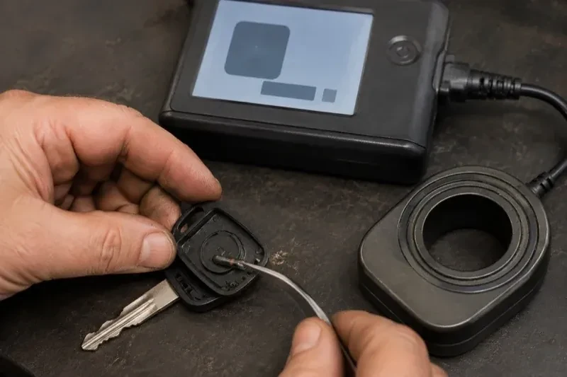 Hands using tweezers at an opened car-key head beside a small electronic unit and a ring-shaped accessory. — Transponder Key Programming, Niagara Falls