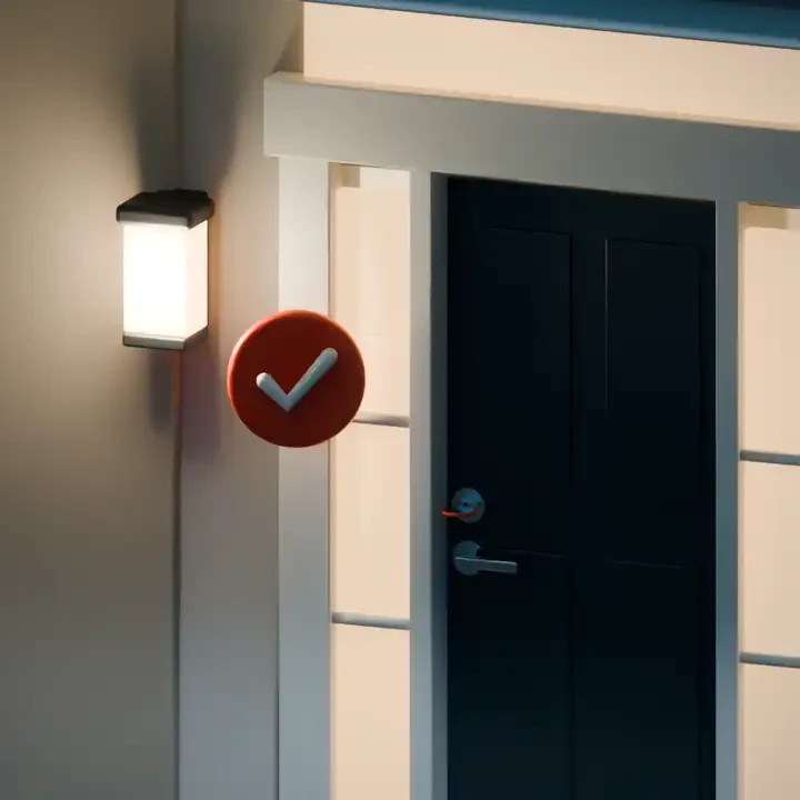 Illustration: a new key turned in the deadbolt, a check mark beside it and the porch light glowing